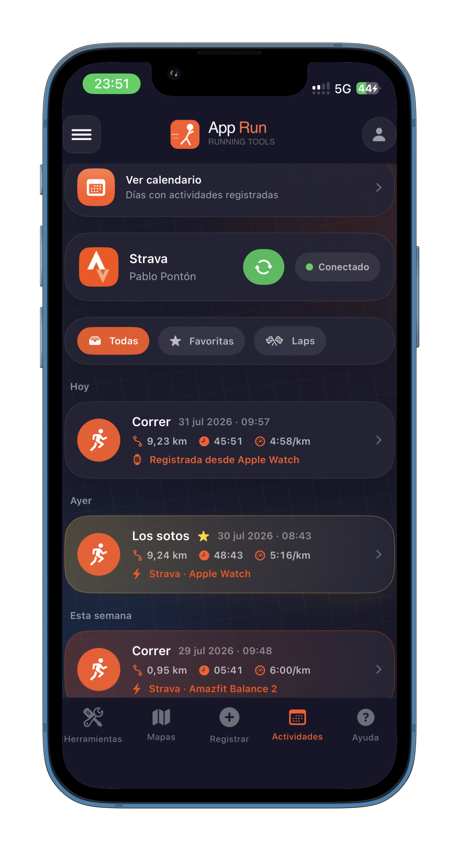Pantalla de actividades registradas y conexión con Strava en AppRun
