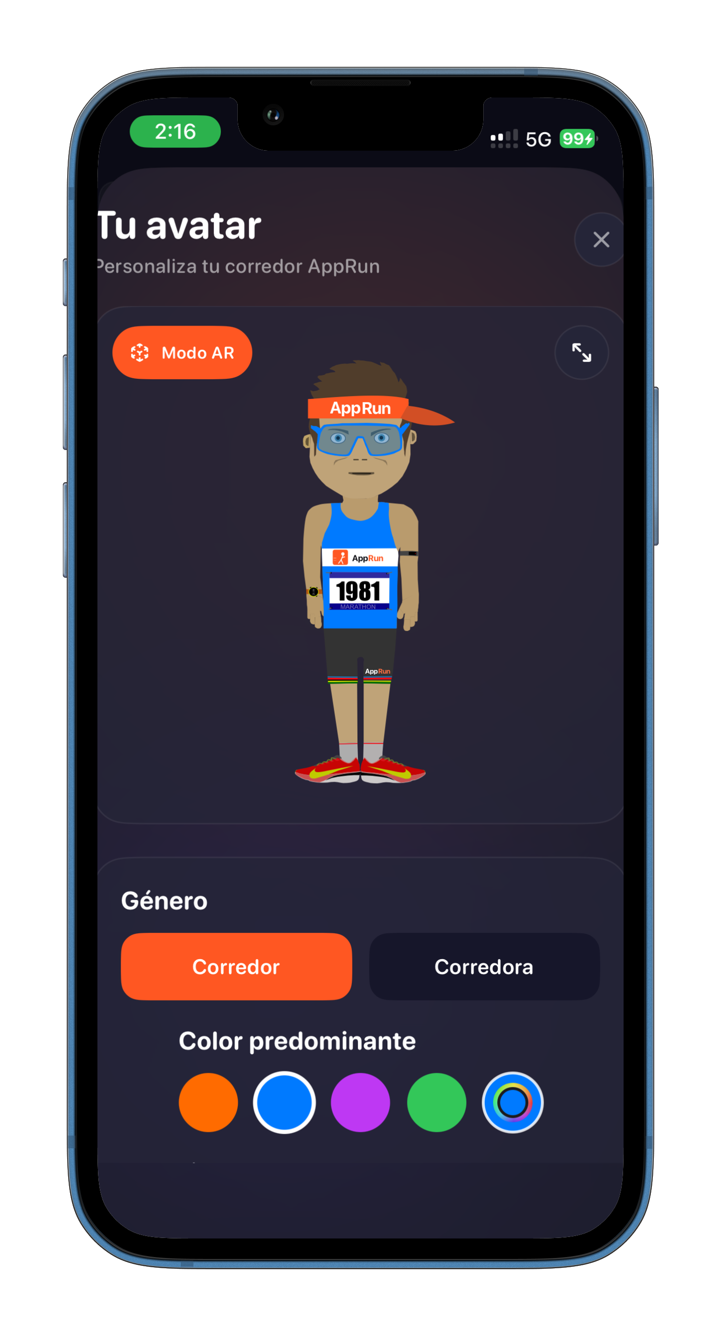 Pantalla de personalización del avatar de corredor en AppRun