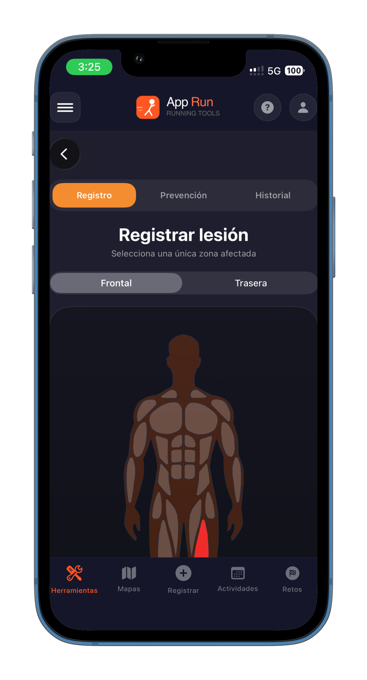 Pantalla de registro y prevención de lesiones en AppRun
