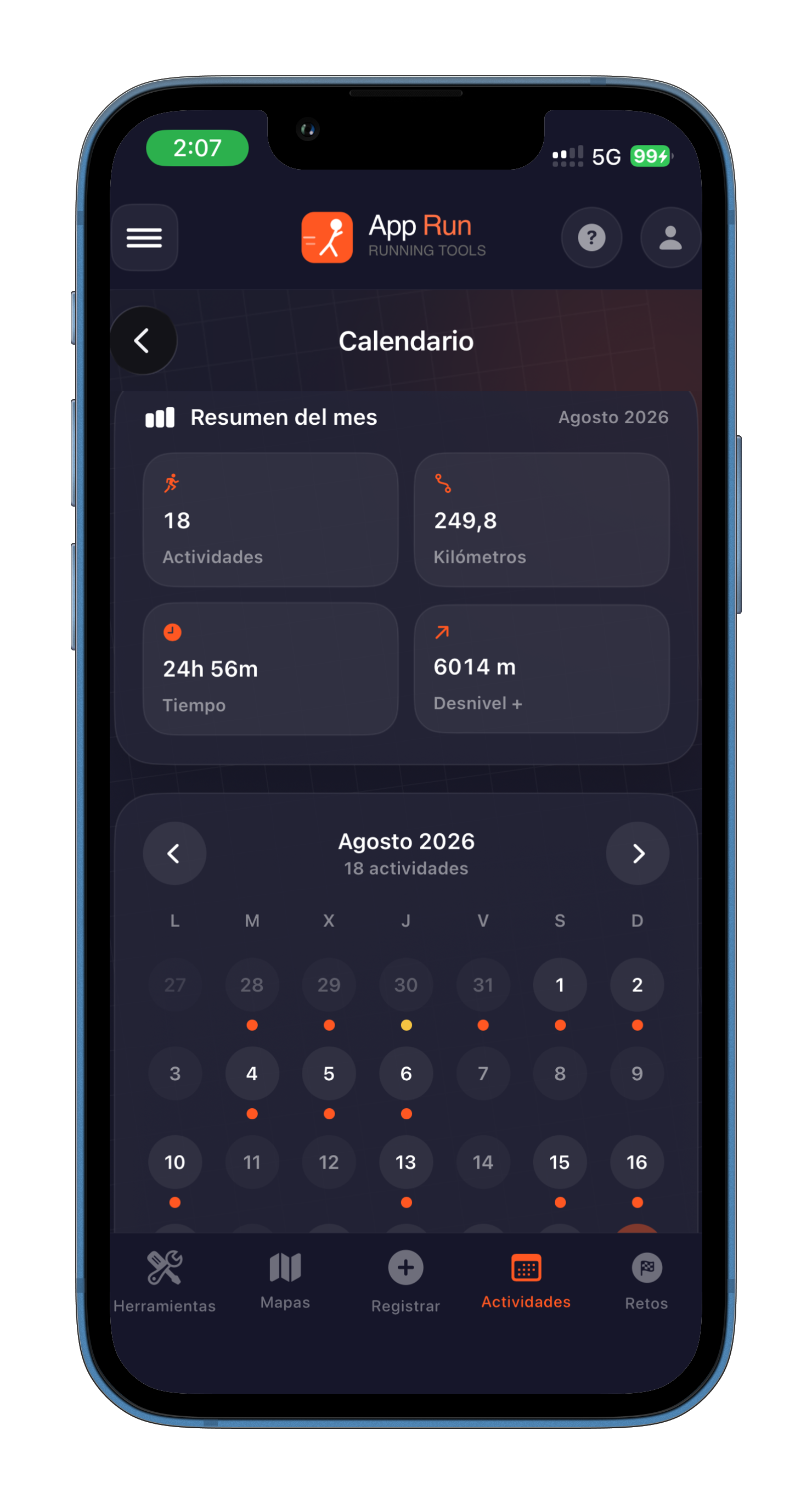 Pantalla de calendario mensual de actividades en AppRun