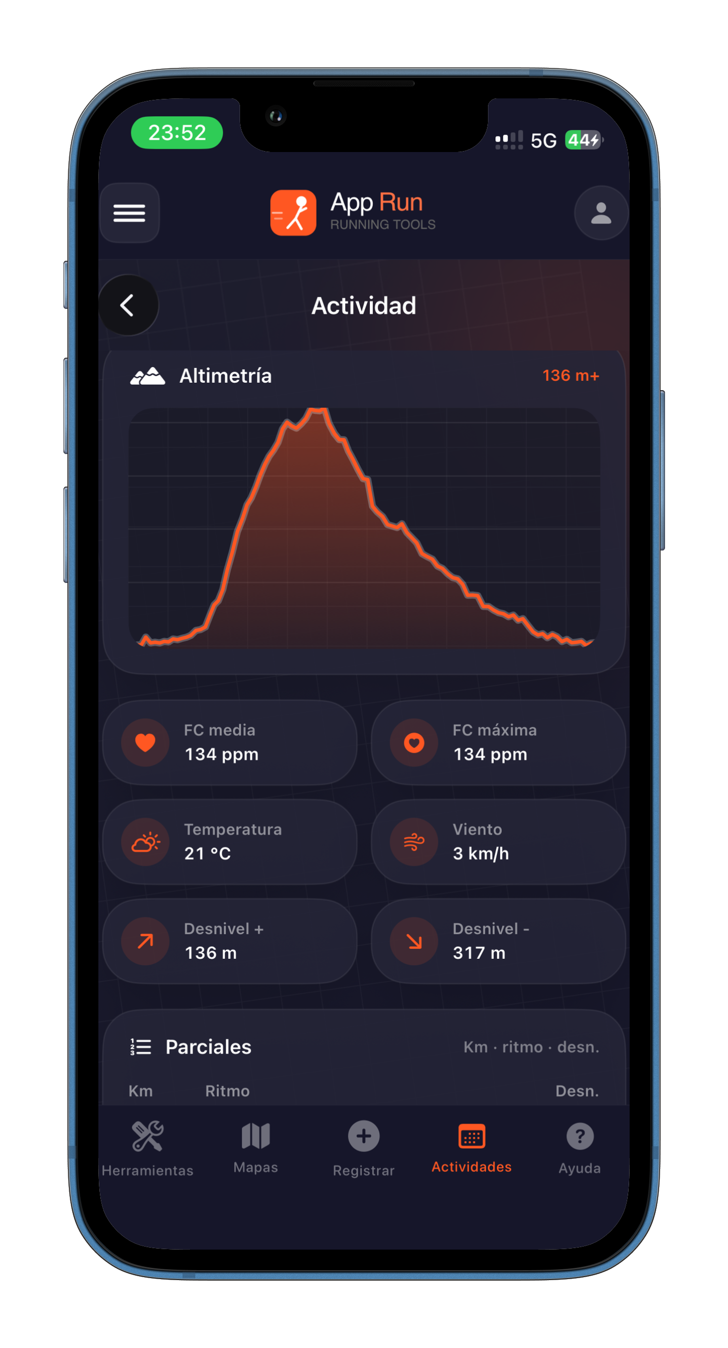 Pantalla de altimetría y datos de una actividad en AppRun