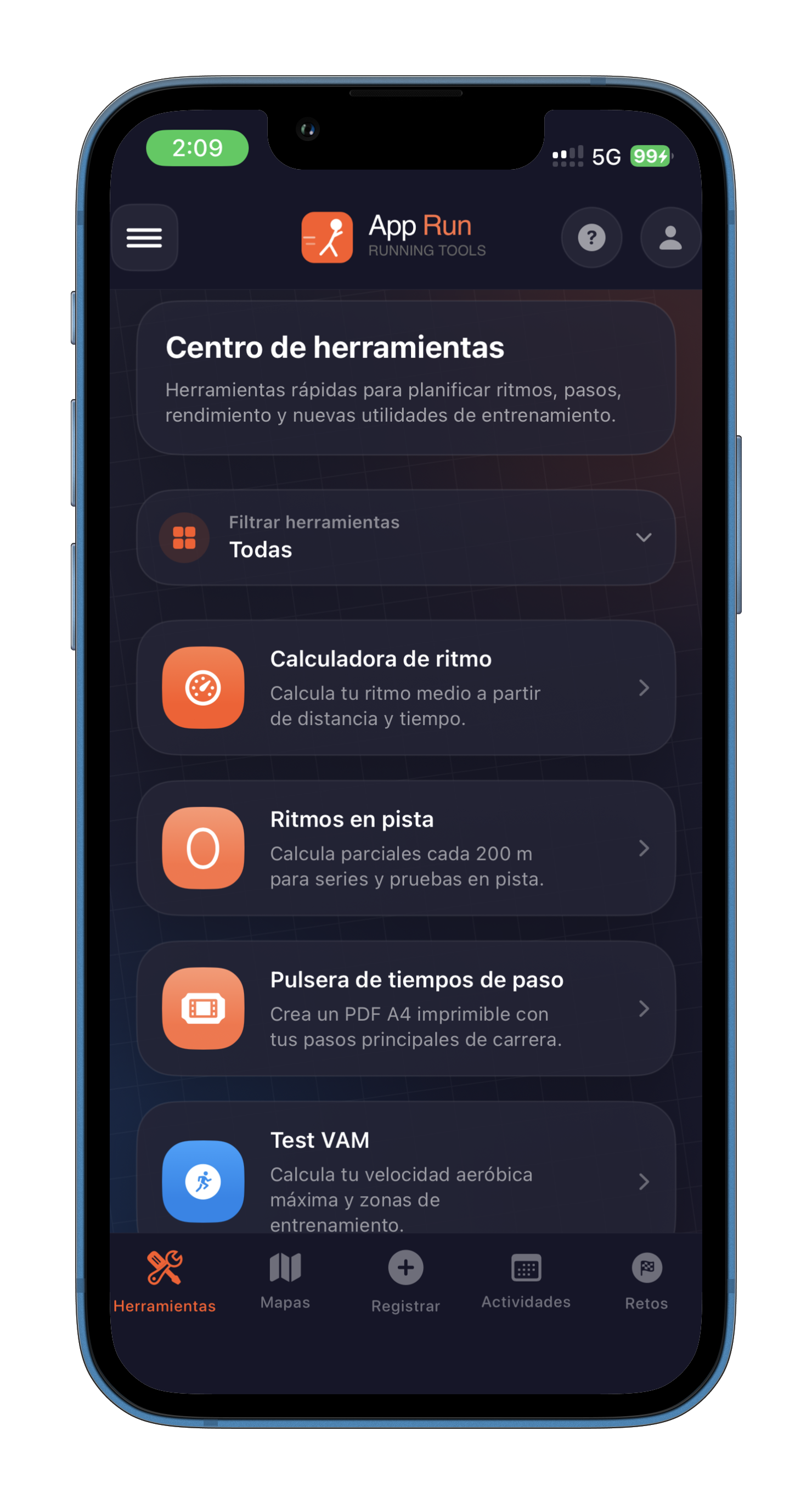 Centro de herramientas de AppRun en iPhone