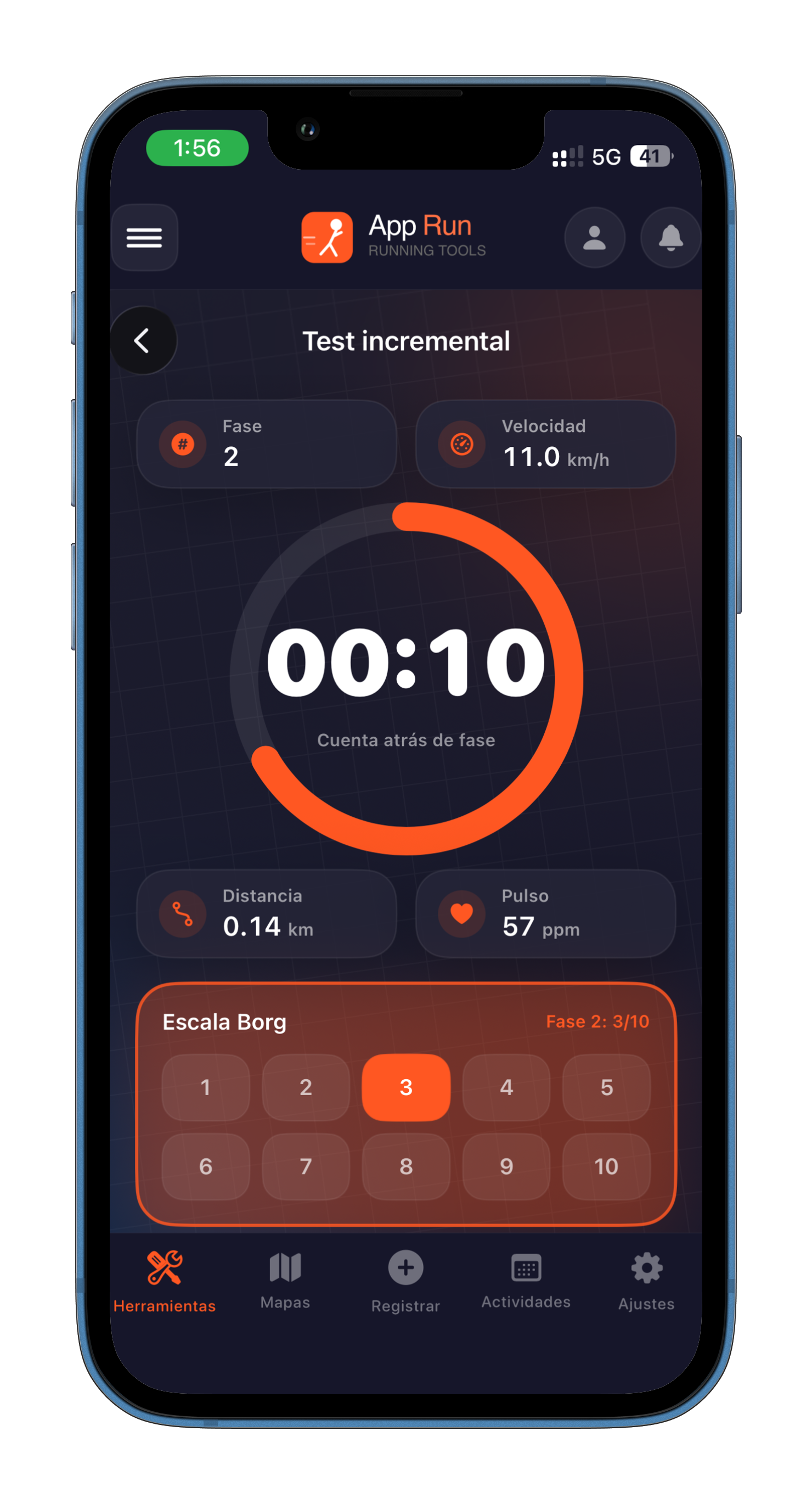 Pantalla de test incremental con cronómetro y escala de esfuerzo en AppRun