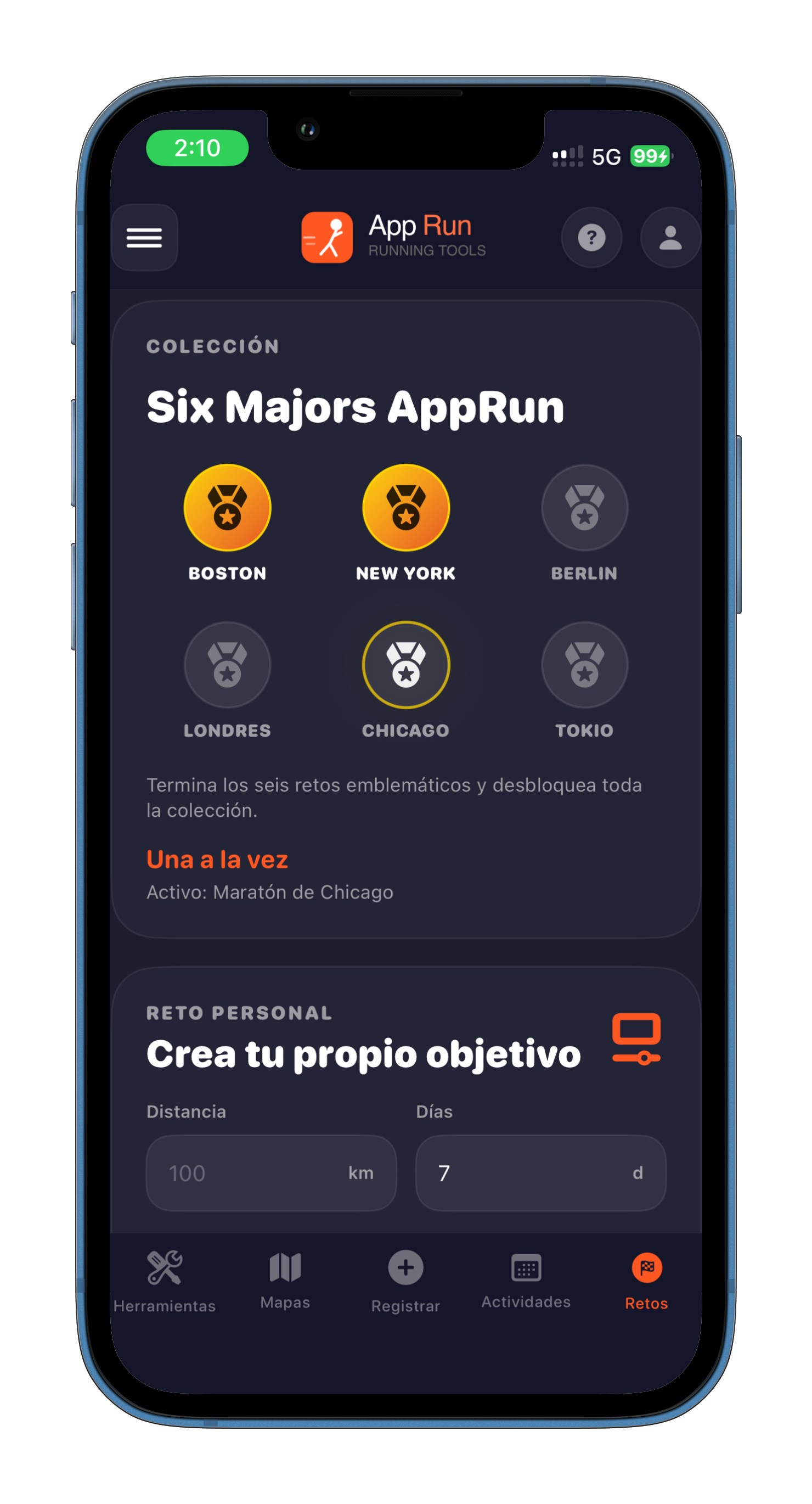 Pantalla de colección Six Majors AppRun y reto personal