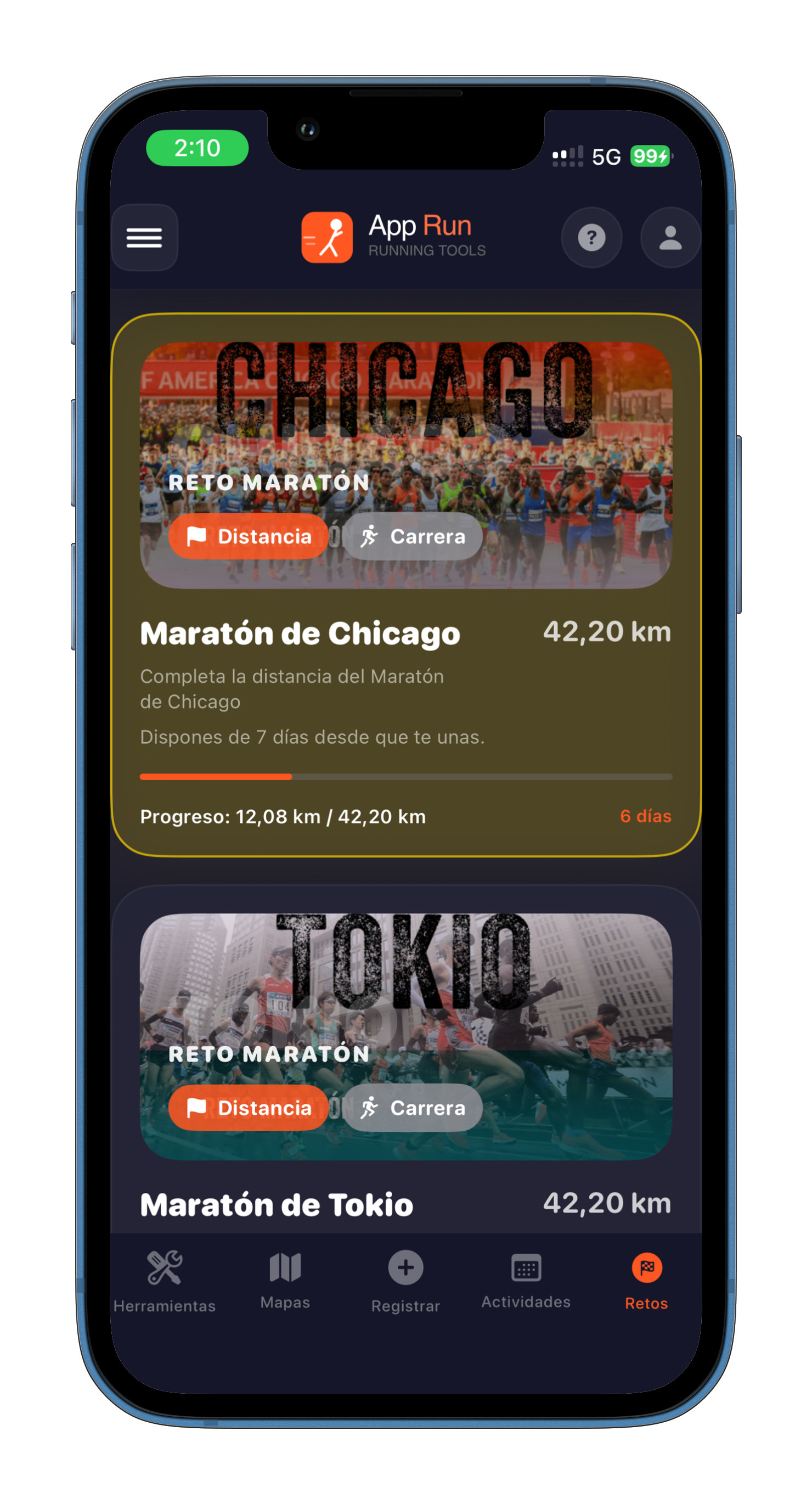 Pantalla de retos virtuales de AppRun en iPhone