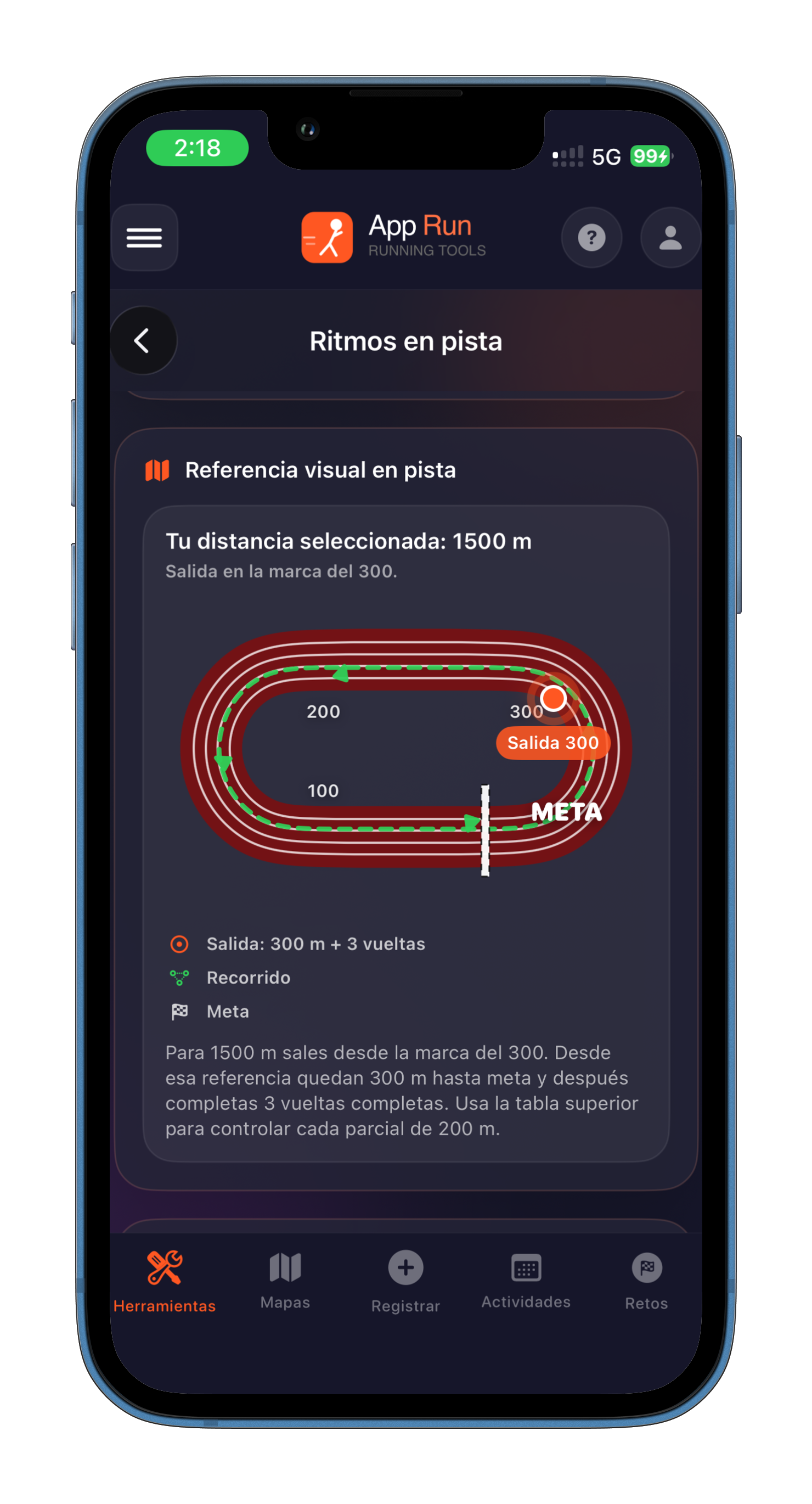 Pantalla de referencia visual en pista para 1500 metros en AppRun