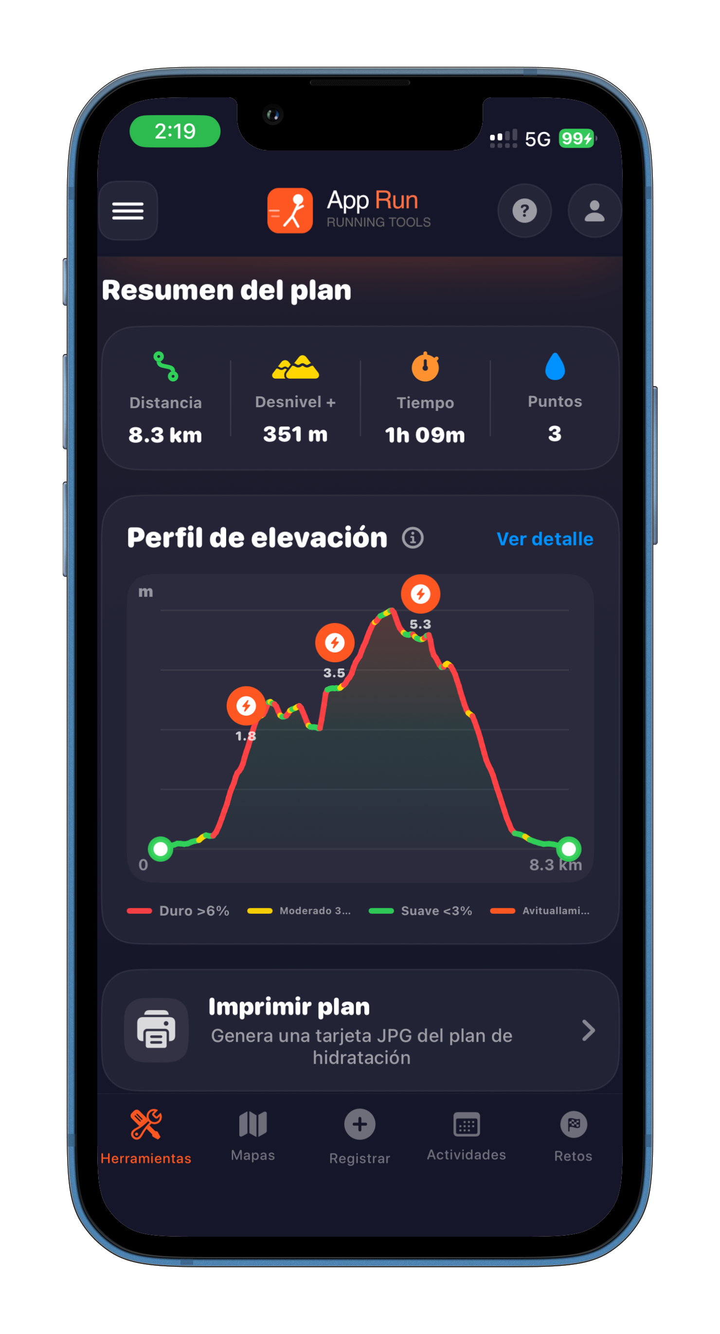 Pantalla de resumen del plan con perfil de elevación e hidratación en AppRun