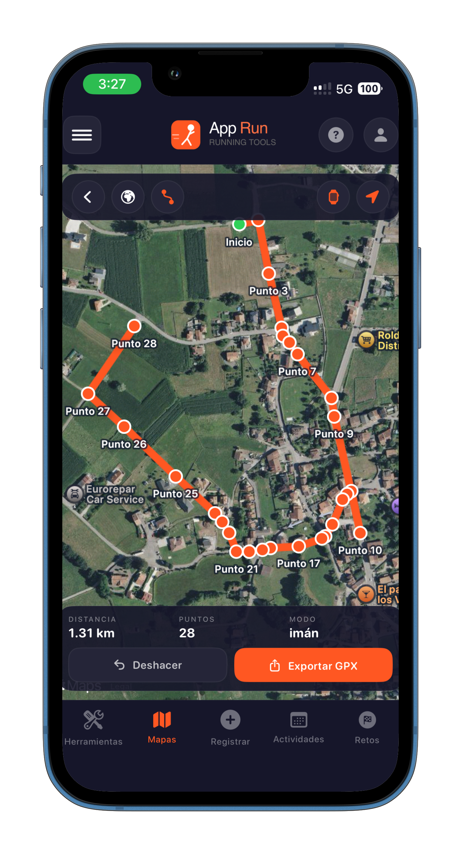 Pantalla de edición de ruta y exportación GPX en AppRun