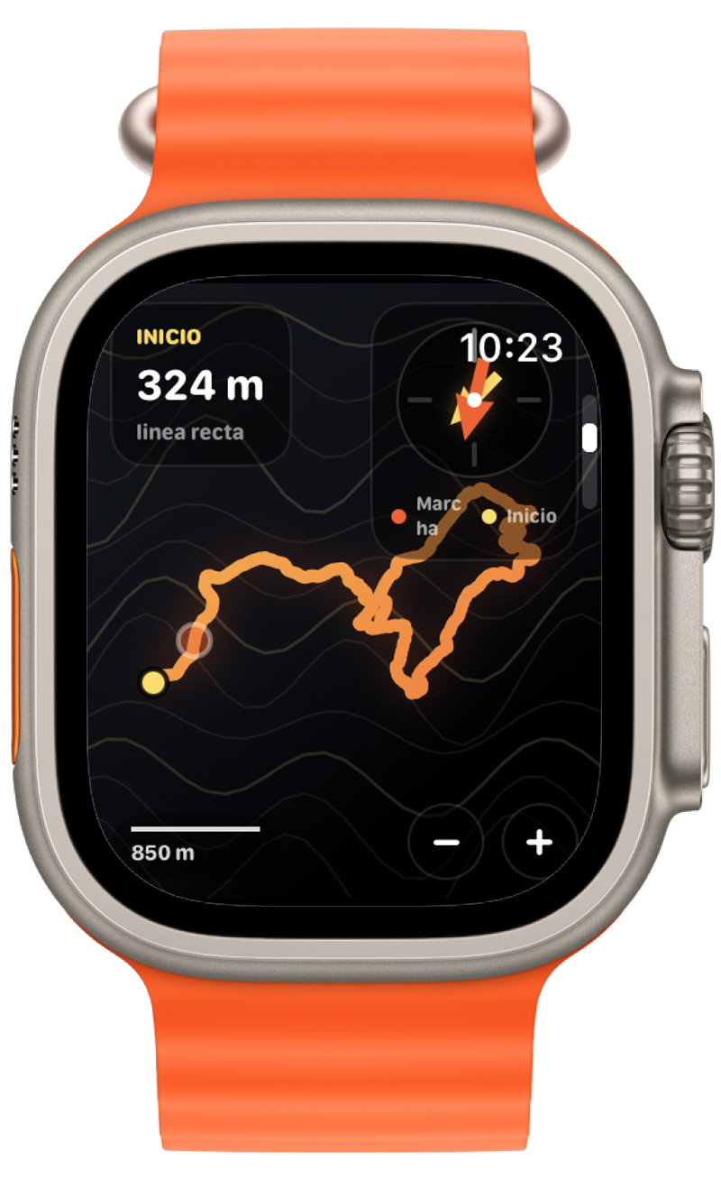 Pantalla de migas de pan y mapa en Apple Watch